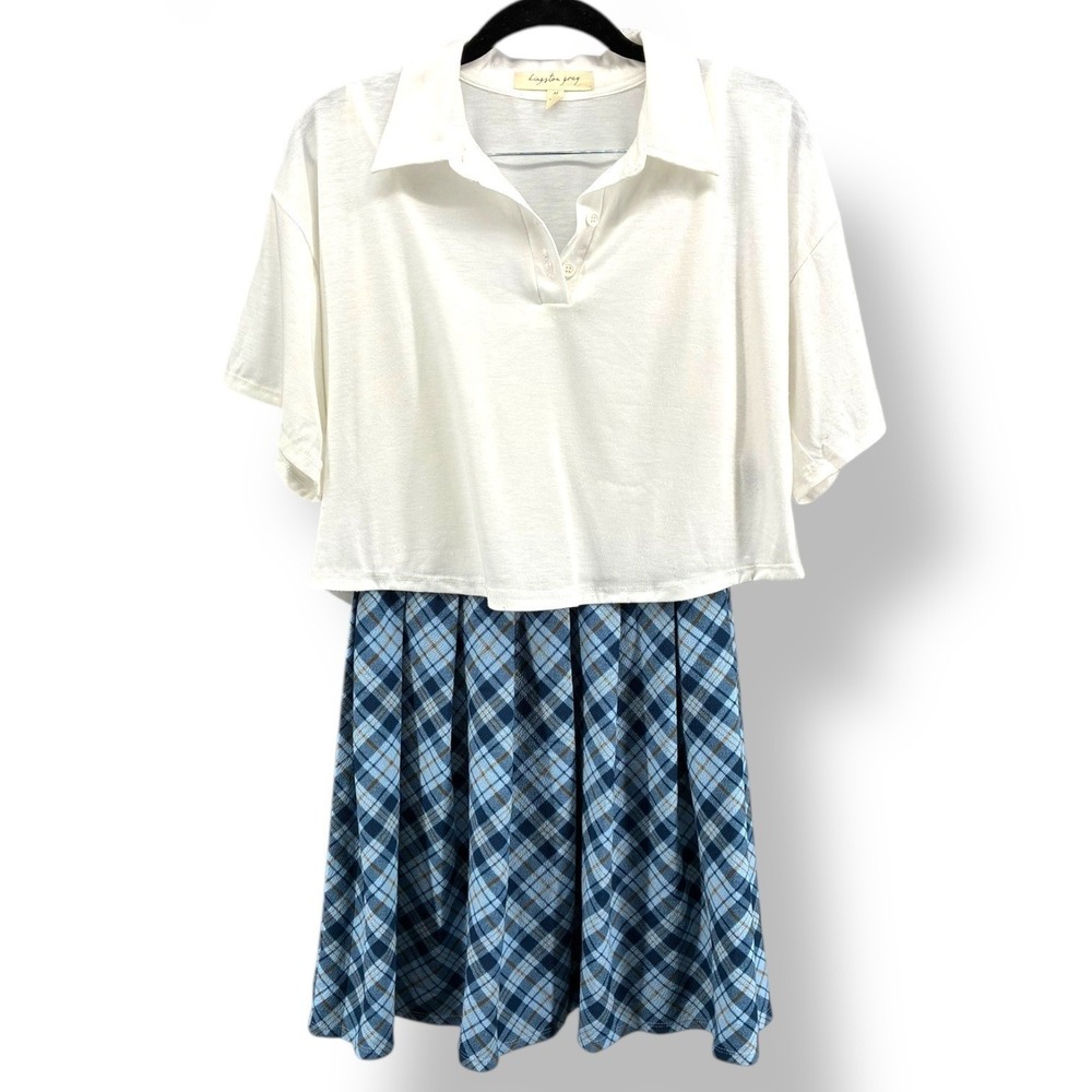 Kingston Grey‎ Juniors M 2-Piece Dress Set White Crop Polo + Blue Plaid
